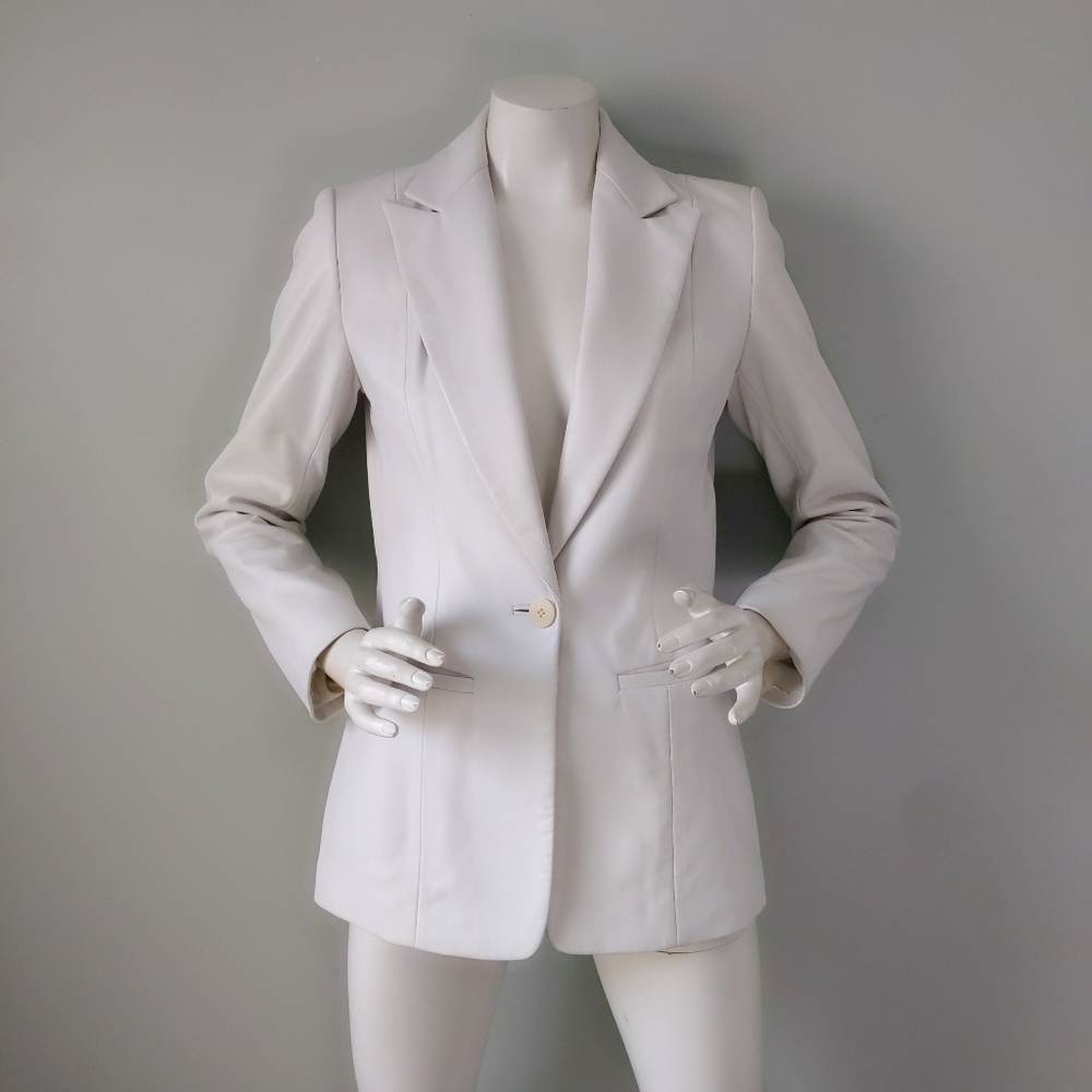 Dana Buchman Chalk White Slim Long Leather Blazer 2